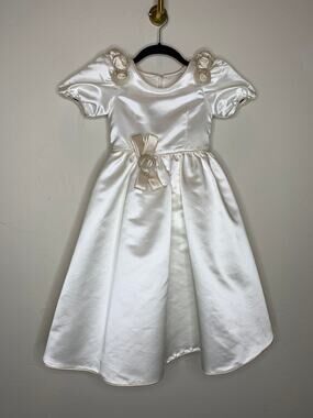 Flower Girl Cream Rosette Embellish Dress Gown Sz 3 Satin Full Wedding